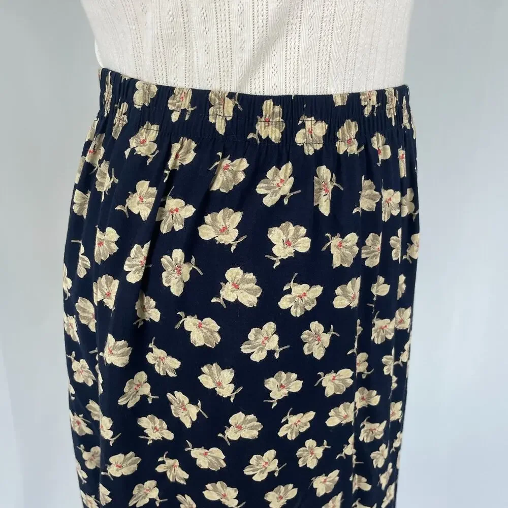 Vtg 90s Midi Skirt Size 12 Navy Blue Ditsy Floral A Line Cottage Boho Casual